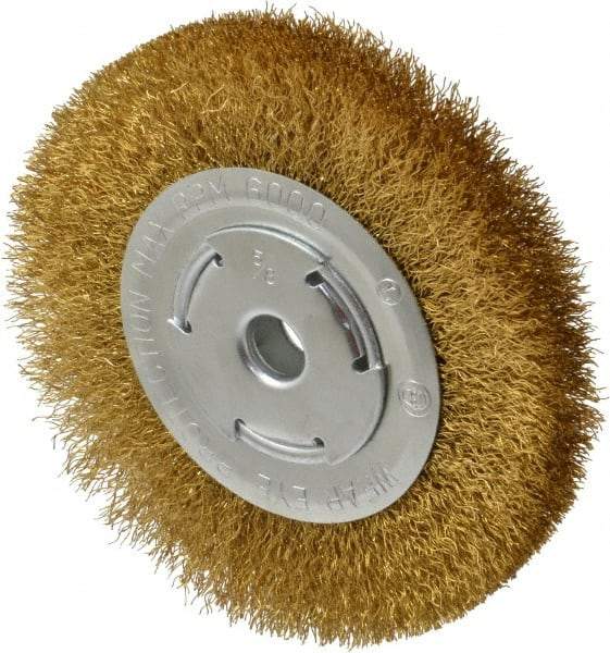 Value Collection - 6" OD, 5/8" Arbor Hole, Crimped Brass Wheel Brush - 1" Face Width, 1-1/8" Trim Length, 0.012" Filament Diam, 6,000 RPM - Industrial Tool & Supply