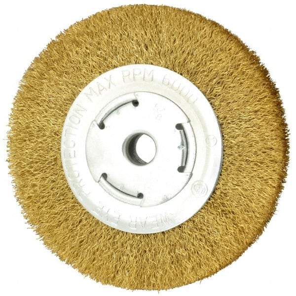 Value Collection - 6" OD, 5/8" Arbor Hole, Crimped Brass Wheel Brush - 1" Face Width, 1-1/8" Trim Length, 0.014" Filament Diam, 6,000 RPM - Industrial Tool & Supply