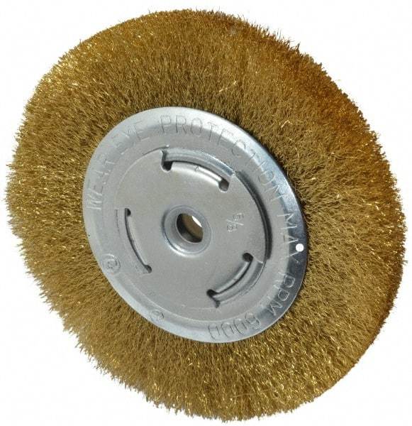 Value Collection - 6" OD, 5/8" Arbor Hole, Crimped Brass Wheel Brush - 1/2" Face Width, 1-1/8" Trim Length, 0.008" Filament Diam, 6,000 RPM - Industrial Tool & Supply