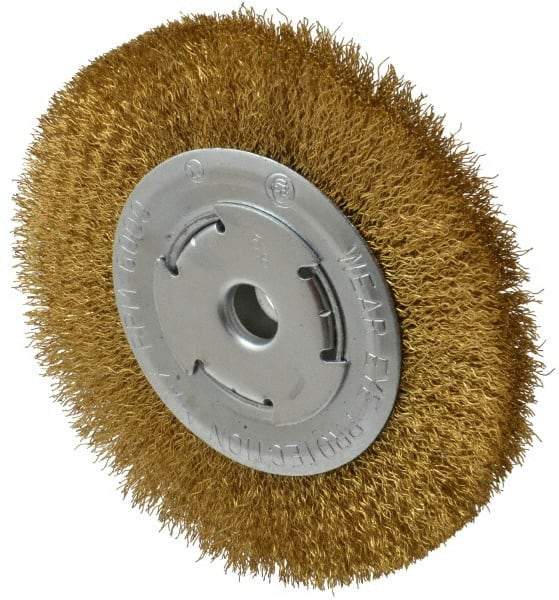 Value Collection - 6" OD, 1/4" Arbor Hole, Crimped Brass Wheel Brush - 1/2" Face Width, 1-1/8" Trim Length, 0.012" Filament Diam, 6,000 RPM - Industrial Tool & Supply