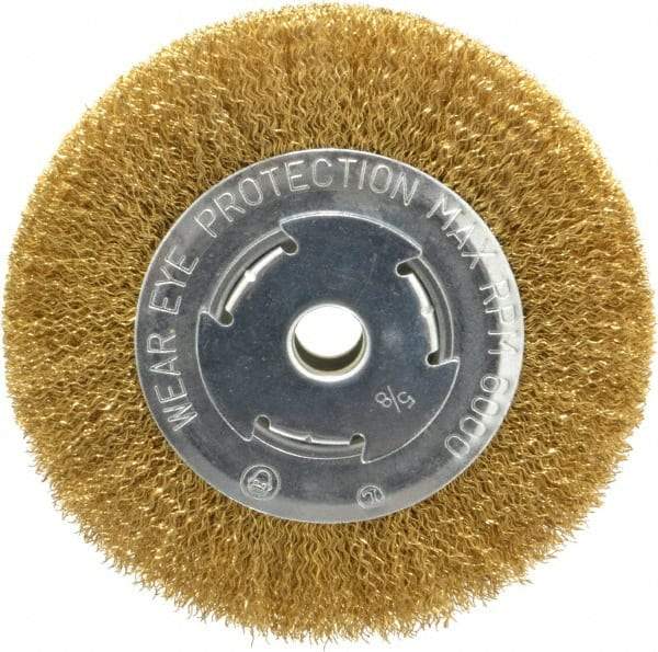 Value Collection - 6" OD, 5/8" Arbor Hole, Crimped Brass Wheel Brush - 1/2" Face Width, 1-1/8" Trim Length, 0.014" Filament Diam, 6,000 RPM - Industrial Tool & Supply