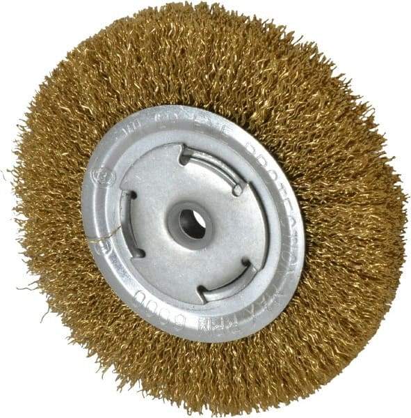 Value Collection - 6" OD, 5/8" Arbor Hole, Crimped Brass Wheel Brush - 1/2" Face Width, 1-1/8" Trim Length, 0.02" Filament Diam, 6,000 RPM - Industrial Tool & Supply