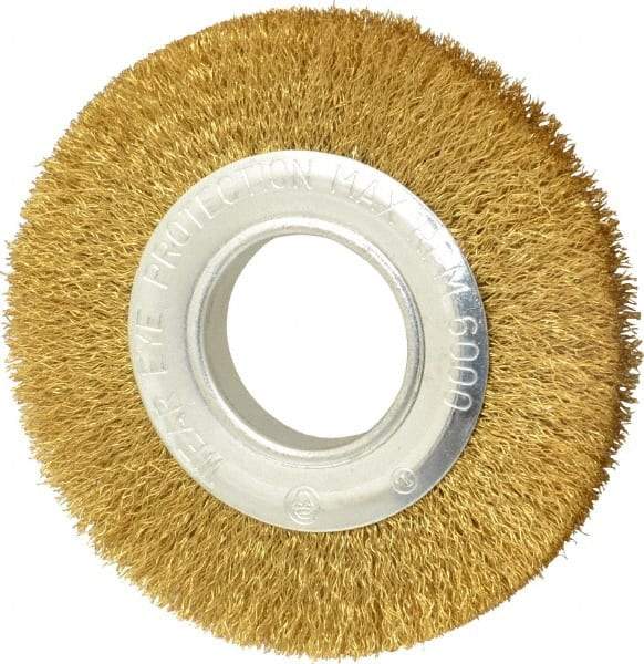 Value Collection - 6" OD, 1/4" Arbor Hole, Crimped Brass Wheel Brush - 7/8" Face Width, 1-1/8" Trim Length, 0.012" Filament Diam, 6,000 RPM - Industrial Tool & Supply