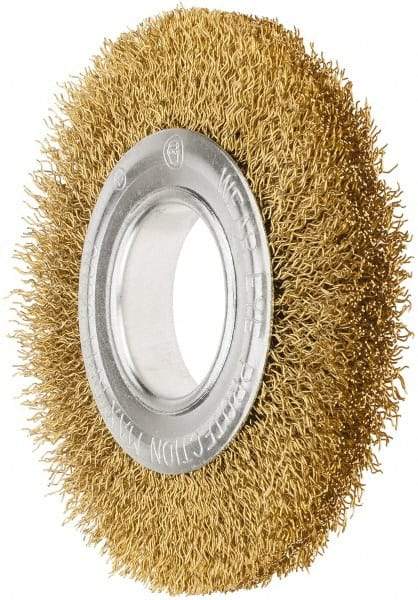 Value Collection - 6" OD, 1/4" Arbor Hole, Crimped Brass Wheel Brush - 7/8" Face Width, 1-1/8" Trim Length, 0.02" Filament Diam, 6,000 RPM - Industrial Tool & Supply