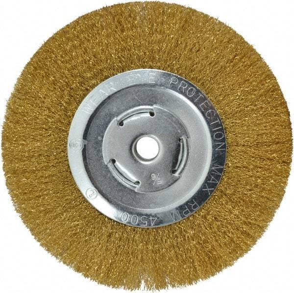 Value Collection - 8" OD, 5/8" Arbor Hole, Crimped Brass Wheel Brush - 1/2" Face Width, 1-3/4" Trim Length, 0.008" Filament Diam, 4,500 RPM - Industrial Tool & Supply