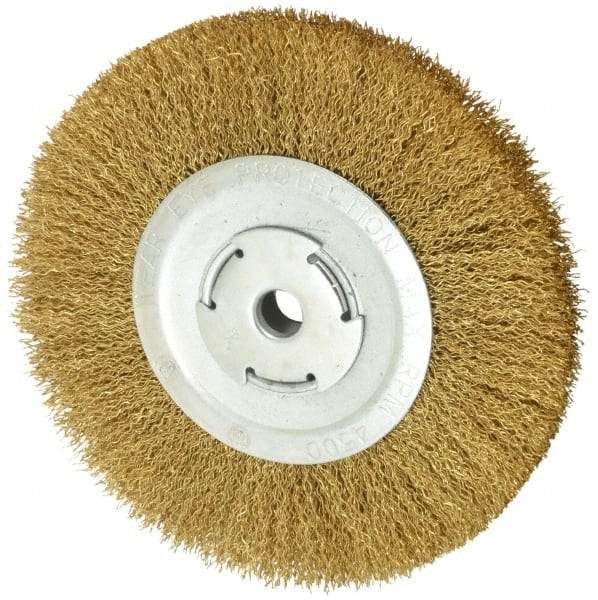 Value Collection - 8" OD, 5/8" Arbor Hole, Crimped Brass Wheel Brush - 1/2" Face Width, 1-3/4" Trim Length, 0.02" Filament Diam, 4,500 RPM - Industrial Tool & Supply