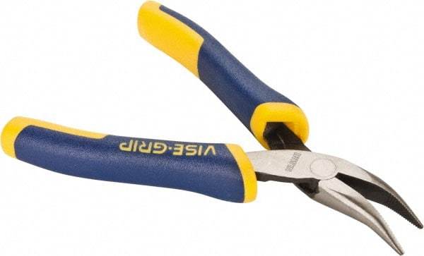 Irwin - 5" OAL, 1-1/8" Jaw Length x 1/4" Jaw Width, Long Nose Side Cutting Bent Nose Pliers - Serrated Jaw, Standard Head, ProTouch Handles, with Spring - Industrial Tool & Supply