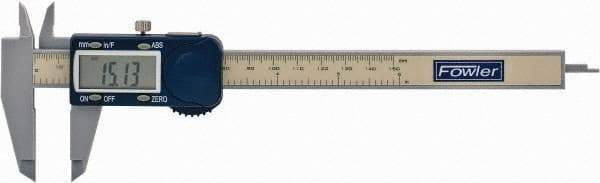 Fowler - 0 to 150mm Range, 0.01mm Resolution, Electronic Caliper - Polycarbonate with 1.56" Polycarbonate Jaws, 0.2mm Accuracy - Industrial Tool & Supply