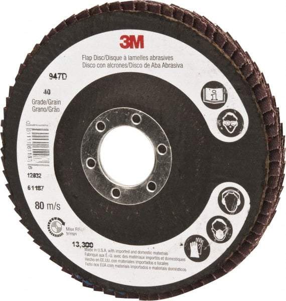 3M - 40 Grit, 4-1/2" Disc Diam, 7/8" Center Hole, Type 27 Ceramic Flap Disc - 13,300 Max RPM, Cloth Backing, Arbor Attaching System, Coated - Industrial Tool & Supply