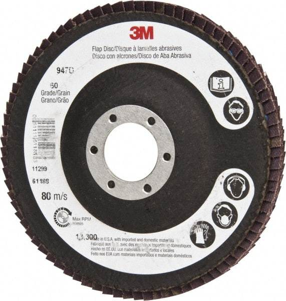 3M - 60 Grit, 4-1/2" Disc Diam, 7/8" Center Hole, Type 27 Ceramic Flap Disc - 13,300 Max RPM, Cloth Backing, Arbor Attaching System, Coated - Industrial Tool & Supply
