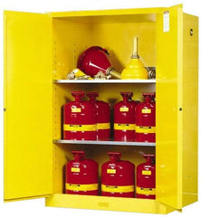 Justrite - 2 Door, 2 Shelf, Yellow Steel Standard Safety Cabinet for Flammable and Combustible Liquids - 65" High x 43" Wide x 34" Deep, Self Closing Door, 90 Gal Capacity - Industrial Tool & Supply