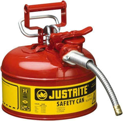 Justrite - 1 Gal Galvanized Steel Type II Safety Can - 10-1/2" High x 9-1/2" Diam, Red with Yellow - Industrial Tool & Supply