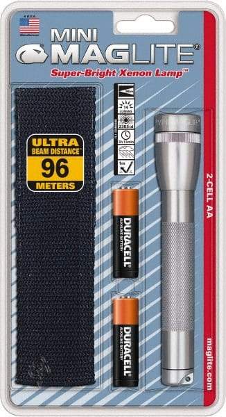 Mag-Lite - Krypton Bulb, 14 Lumens, Mini Flashlight - Gray Aluminum Body, 2 AA Alkaline Batteries Included - Industrial Tool & Supply