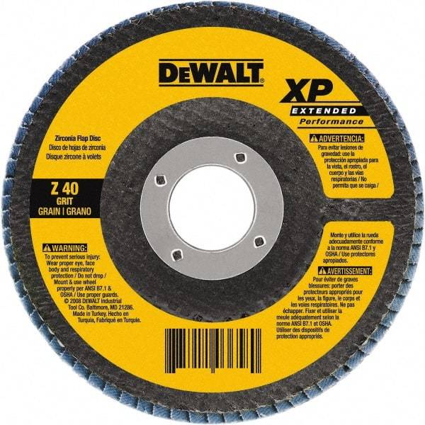 DeWALT - 40 Grit, 7" Disc Diam, 5/8-11 Center Hole, Type 27 Zirconia Alumina Flap Disc - 8,700 Max RPM, Cloth Backing, Arbor Attaching System, Coated - Industrial Tool & Supply