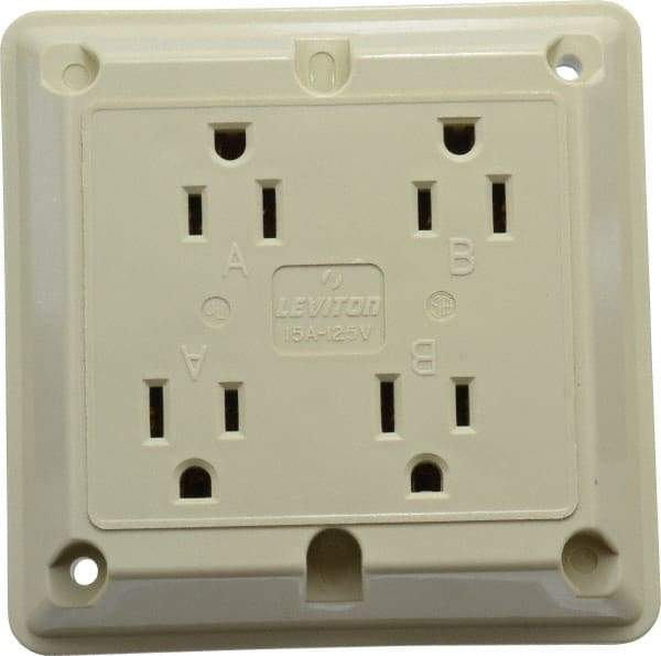 Leviton - 125 VAC, 15 Amp, 5-15R NEMA Configuration, Ivory, Specification Grade, Self Grounding Fourplex Receptacle - 1 Phase, 2 Poles, 3 Wire, Flush Mount, Chemical, Corrosion and Impact Resistant - Industrial Tool & Supply