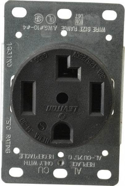 Leviton - 125/250 VAC, 30 Amp, 14-30R NEMA Configuration, Black, Industrial Grade, Self Grounding Single Receptacle - 1 Phase, 3 Poles, 4 Wire, Flush Mount, Corrosion Resistant - Industrial Tool & Supply