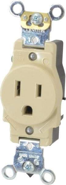 Leviton - 125 VAC, 15 Amp, 5-15R NEMA Configuration, Ivory, Industrial Grade, Self Grounding Single Receptacle - 1 Phase, 2 Poles, 3 Wire, Flush Mount, Impact Resistant - Industrial Tool & Supply