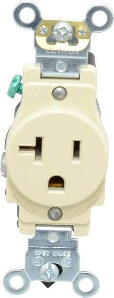 Leviton - 125 VAC, 20 Amp, 5-20R NEMA Configuration, Ivory, Industrial Grade, Self Grounding Single Receptacle - 1 Phase, 2 Poles, 3 Wire, Flush Mount, Impact and Tamper Resistant - Industrial Tool & Supply