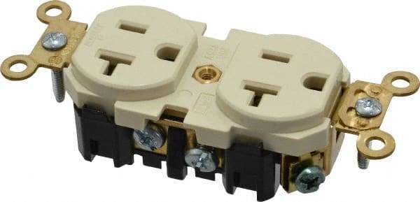 Leviton - 125 VAC, 20 Amp, 5-20R NEMA Configuration, Ivory, Industrial Grade, Self Grounding Duplex Receptacle - 1 Phase, 2 Poles, 3 Wire, Flush Mount, Impact and Tamper Resistant - Industrial Tool & Supply