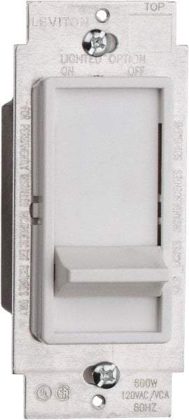 Leviton - 1 Pole, 120 VAC, 60 Hz, 600 Watt, Residential Grade, Slide Switch, Wall and Dimmer Light Switch - 1.73 Inch Wide x 4.13 Inch High, Incandescent - Industrial Tool & Supply