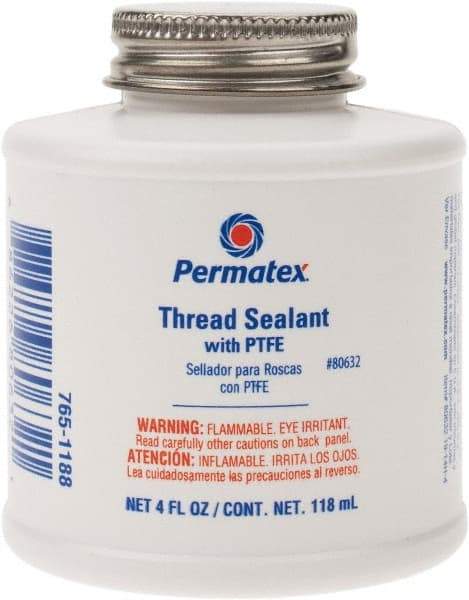 Permatex - 4 oz Brush Top Can White Thread Sealant - PTFE Based, 300°F Max Working Temp, For Use with Fittings - Industrial Tool & Supply