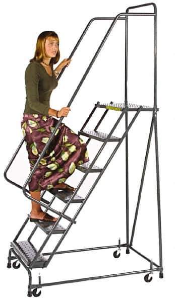 Ballymore - 103" 7 Step Ladder - Spring Loaded Rolling Safety Ladder, 450 Lb Capacity, 70" Platform Height, 24" Base Width x 56" Depth, Expanded Metal Tread - Industrial Tool & Supply