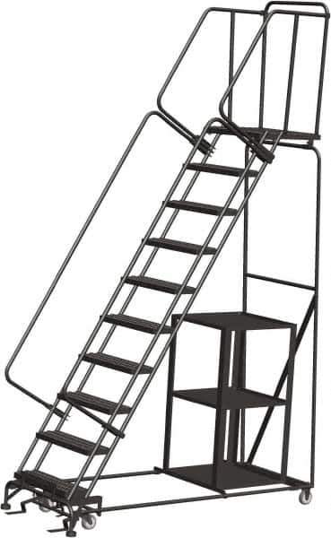 Ballymore - 133" 10 Step Ladder - Safety Stock Picking Ladder, 450 Lb Capacity, 100" Platform Height, 32" Base Width x 80" Depth, Perforated Tread - Industrial Tool & Supply