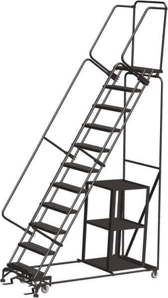 Ballymore - 143" 11 Step Ladder - Safety Stock Picking Ladder, 450 Lb Capacity, 110" Platform Height, 32" Base Width x 80" Depth, Perforated Tread - Industrial Tool & Supply