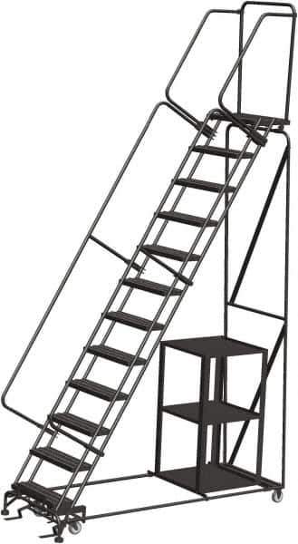 Ballymore - 153" 12 Step Ladder - Safety Stock Picking Ladder, 450 Lb Capacity, 120" Platform Height, 32" Base Width x 87" Depth, Perforated Tread - Industrial Tool & Supply