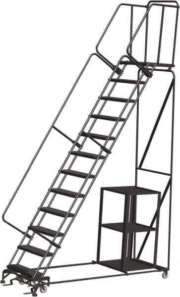 Ballymore - 153" 12 Step Ladder - Safety Stock Picking Ladder, 450 Lb Capacity, 120" Platform Height, 32" Base Width x 93" Depth, Perforated Tread - Industrial Tool & Supply