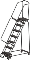 Ballymore - 103" 7 Step Ladder - Rolling Safety Ladder, 450 Lb Capacity, 70" Platform Height, 24" Base Width x 55" Depth, Heavy-Duty Serrated Grating - Industrial Tool & Supply
