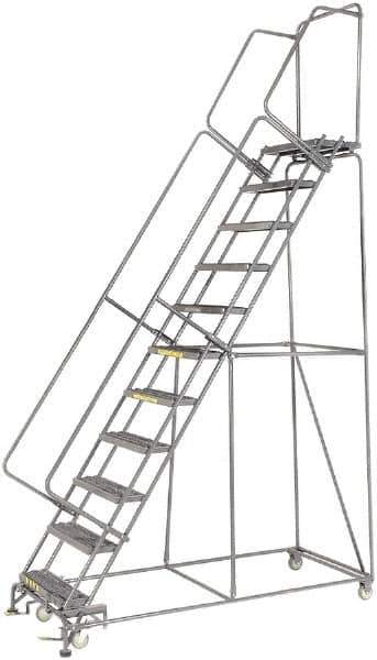 Ballymore - 143" 11 Step Ladder - Rolling Safety Ladder, 450 Lb Capacity, 110" Platform Height, 32" Base Width x 80" Depth, Heavy-Duty Serrated Grating - Industrial Tool & Supply
