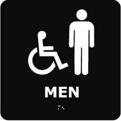 NMC - Men, 8" Wide x 8" High, Plastic Sign - English, Braille, White on Black, Wall Mount - Industrial Tool & Supply