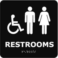 NMC - Restrooms, 8" Wide x 8" High, Plastic Sign - English, Braille, White on Black, Wall Mount - Industrial Tool & Supply