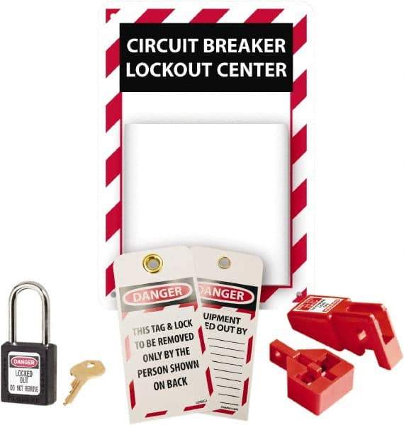 NMC - 5 Piece, Equipped Polystyrene Tag and Padlock / Hasp Station - 7 Inch Wide x 10 Inch High, Red, White and White on Black - Industrial Tool & Supply