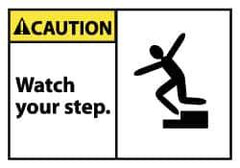 NMC - Accident Prevention Label, Header: CAUTION - Legend: Caution - Watch Your Step, English, Black, Yellow & White, 5" Long x 3" High, Sign Muscle Finish - Industrial Tool & Supply