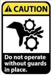 NMC - Accident Prevention Label, Header: CAUTION - Legend: Caution - Do Not Operate without Guards in Place, English, Black, Yellow & White, 5" Long x 3" High, Sign Muscle Finish - Industrial Tool & Supply