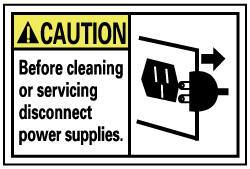 NMC - Accident Prevention Label, Header: CAUTION - Legend: Caution - Before Cleaning or Servicing Disconnect Power Supplies, English, Black, Yellow & White, 5" Long x 3" High, Sign Muscle Finish - Industrial Tool & Supply