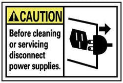 NMC - Accident Prevention Label, Header: CAUTION - Legend: Caution - Before Cleaning or Servicing Disconnect Power Supplies, English, Black, Yellow & White, 5" Long x 3" High, Sign Muscle Finish - Industrial Tool & Supply