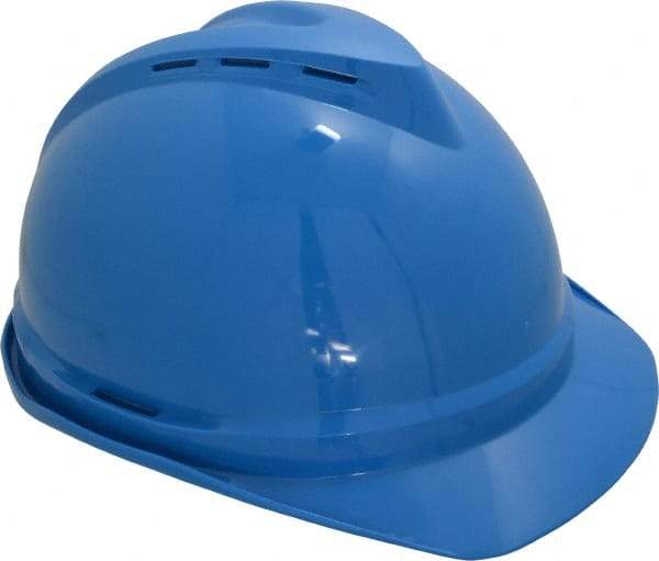 MSA - ANSI Type I, Class C Rated, 4-Point, Ratchet Adjustment Hard Hat - Size 6-1/2 to 8, Blue, Standard Brim, Vented - Industrial Tool & Supply