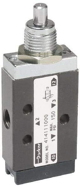 Parker - 0.20 CV Rate, 1/8" NPT Inlet Direct Air 2 Mechanical Spool Valve - 3 Way, 2 Position, 150 Max psi, Plunger Spring Return - Industrial Tool & Supply