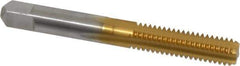 Made in USA - 5/16-18 UNC 3B 4 Flute TiN Finish High Speed Steel Straight Flute Standard Hand Tap - Bottoming, Right Hand Thread, 2-23/32" OAL, 1-1/8" Thread Length, H3 Limit, Oversize - Exact Industrial Supply