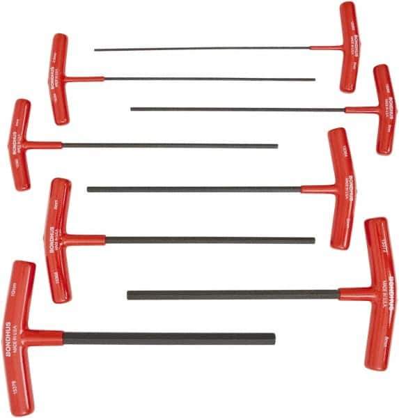 Bondhus - 8 Piece T-Handle Cushion Grip Hex Key Set - Hex Range 2 to 10mm, 9" OAL, Protanium High Torque Steel - Industrial Tool & Supply