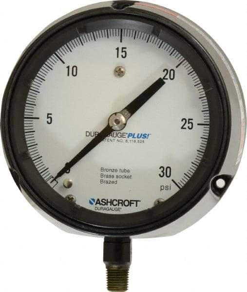 Ashcroft - 4-1/2" Dial, 1/4 Thread, 0-30 Scale Range, Pressure Gauge - Lower Connection, Rear Flange Connection Mount, Accurate to 0.5% of Scale - Industrial Tool & Supply