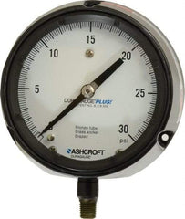 Ashcroft - 4-1/2" Dial, 1/4 Thread, 0-30 Scale Range, Pressure Gauge - Lower Connection, Rear Flange Connection Mount, Accurate to 0.5% of Scale - Industrial Tool & Supply