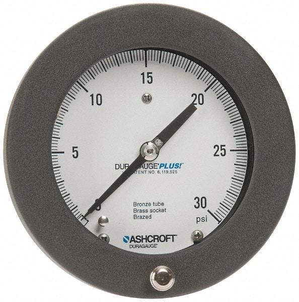 Ashcroft - 4-1/2" Dial, 1/4 Thread, 0-30 Scale Range, Pressure Gauge - Center Back Connection Mount, Accurate to 0.5% of Scale - Industrial Tool & Supply