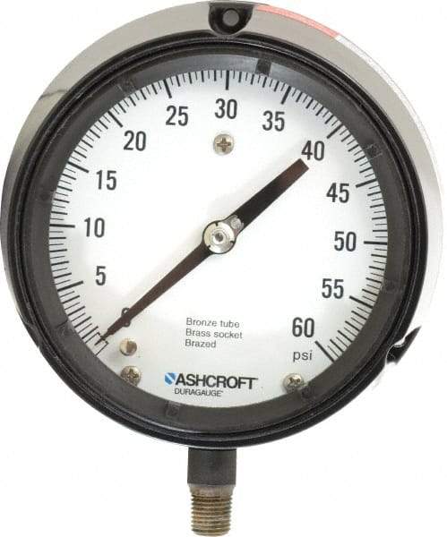 Ashcroft - 4-1/2" Dial, 1/4 Thread, 0-60 Scale Range, Pressure Gauge - Lower Connection, Rear Flange Connection Mount, Accurate to 0.5% of Scale - Industrial Tool & Supply
