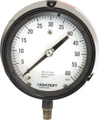Ashcroft - 4-1/2" Dial, 1/4 Thread, 0-60 Scale Range, Pressure Gauge - Lower Connection, Rear Flange Connection Mount, Accurate to 0.5% of Scale - Industrial Tool & Supply
