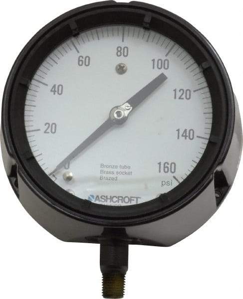 Ashcroft - 4-1/2" Dial, 1/4 Thread, 0-160 Scale Range, Pressure Gauge - Lower Connection, Rear Flange Connection Mount, Accurate to 0.5% of Scale - Industrial Tool & Supply