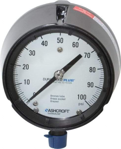 Ashcroft - 4-1/2" Dial, 1/2 Thread, 0-100 Scale Range, Pressure Gauge - Lower Connection, Rear Flange Connection Mount, Accurate to 0.5% of Scale - Industrial Tool & Supply